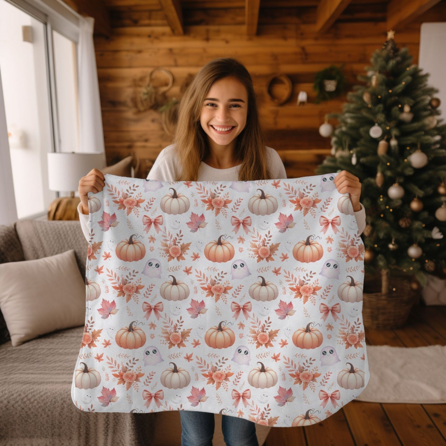 Cute Coquette Pumpkin & Ghost Pattern Cozy Fall Velveteen Plush Blanket