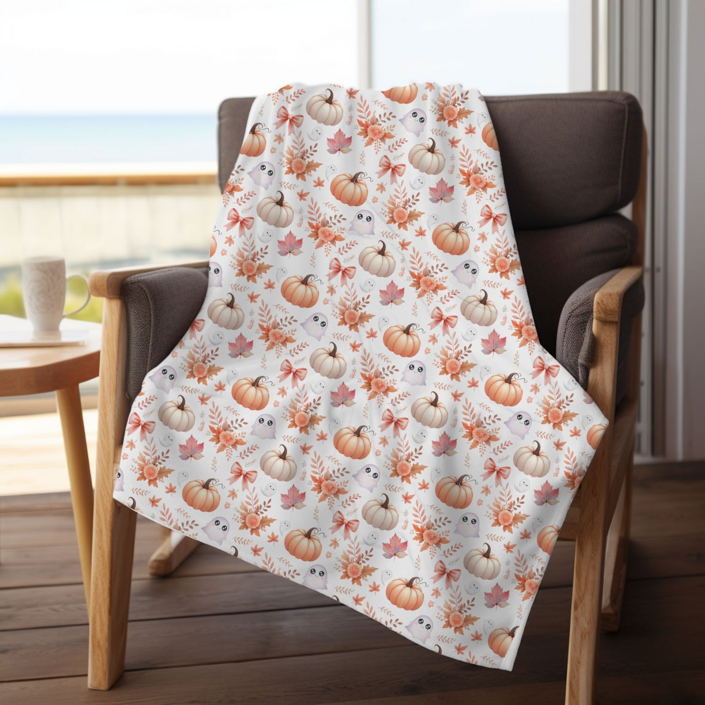 Cute Coquette Pumpkin & Ghost Pattern Cozy Fall Velveteen Plush Blanket