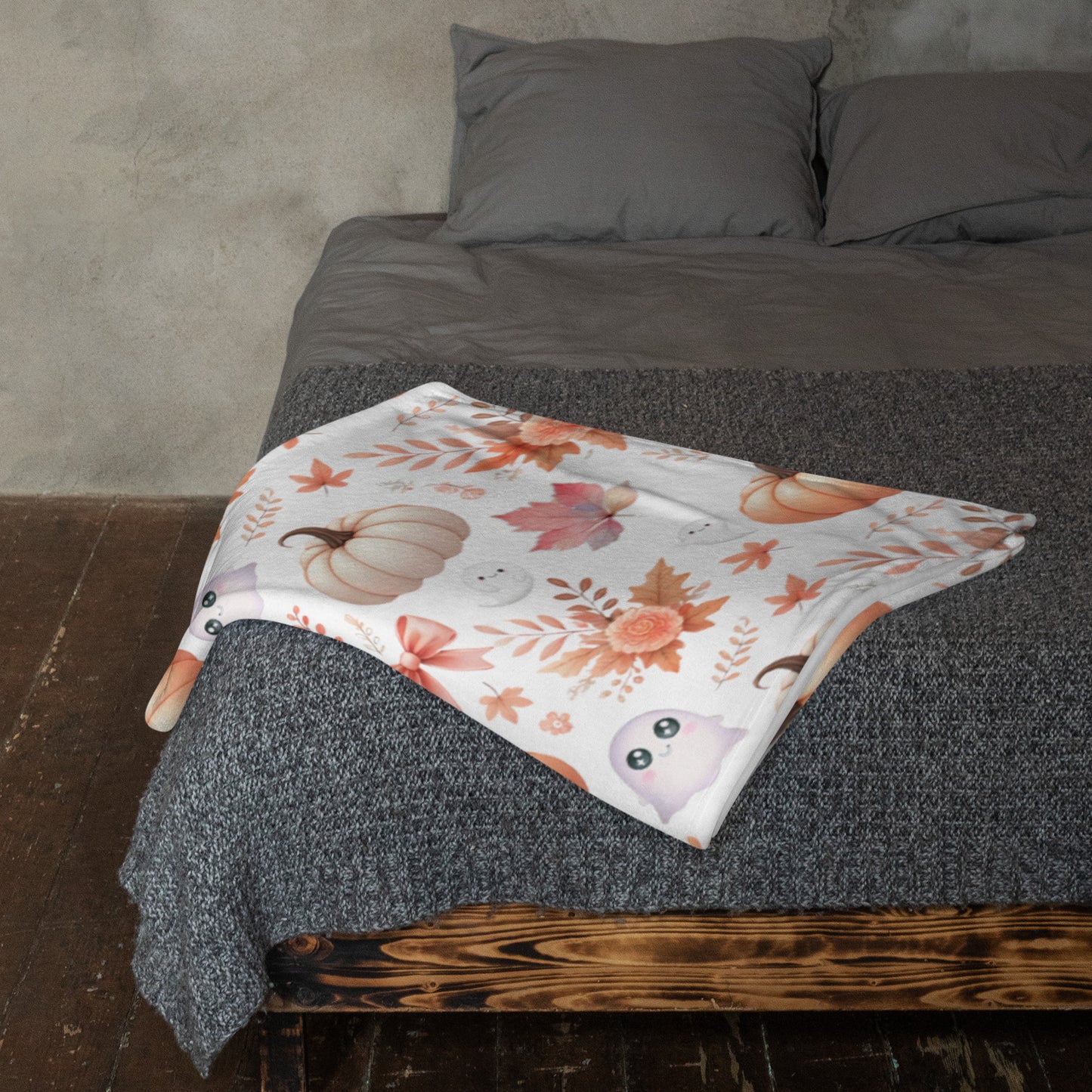 Cute Coquette Pumpkin & Ghost Pattern Cozy Fall Velveteen Plush Blanket