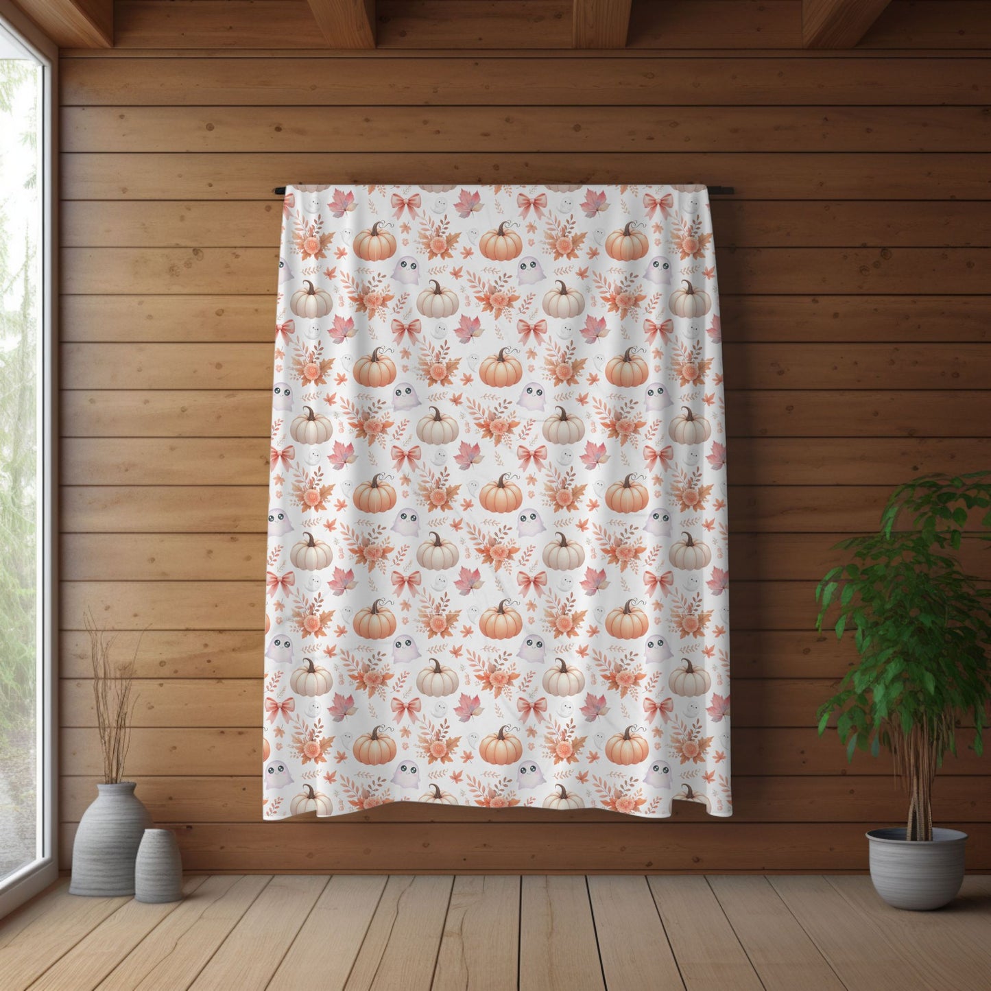 Cute Coquette Pumpkin & Ghost Pattern Cozy Fall Velveteen Plush Blanket