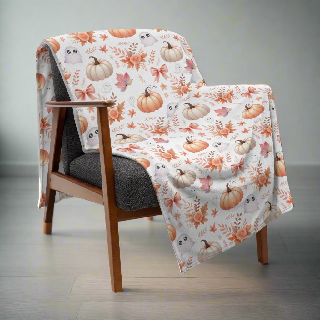 Cute Coquette Pumpkin & Ghost Pattern Cozy Fall Velveteen Plush Blanket