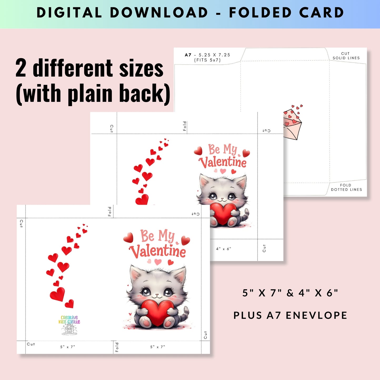 Cute Kitten - Folded Valentine's Day Card - Digital Download - Print at Home