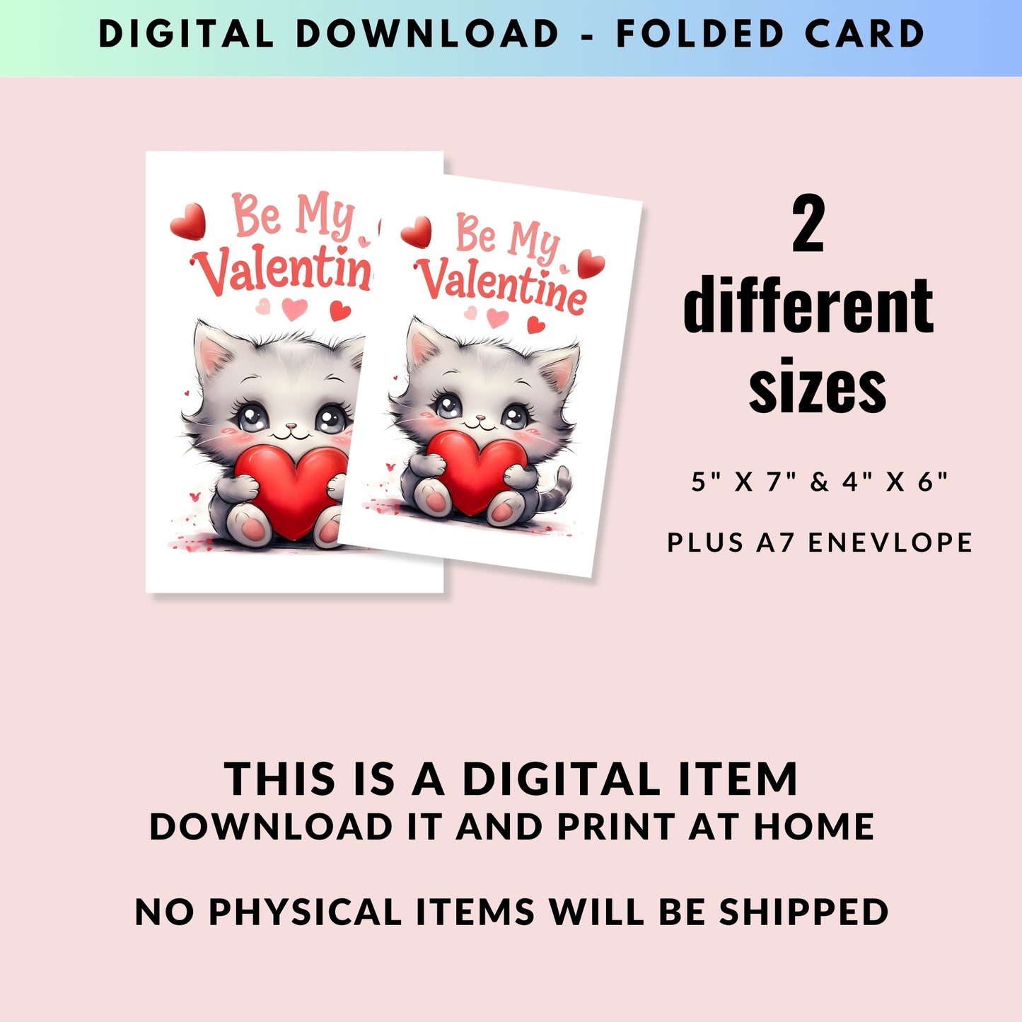 Cute Kitten - Folded Valentine's Day Card - Digital Download - Print at Home