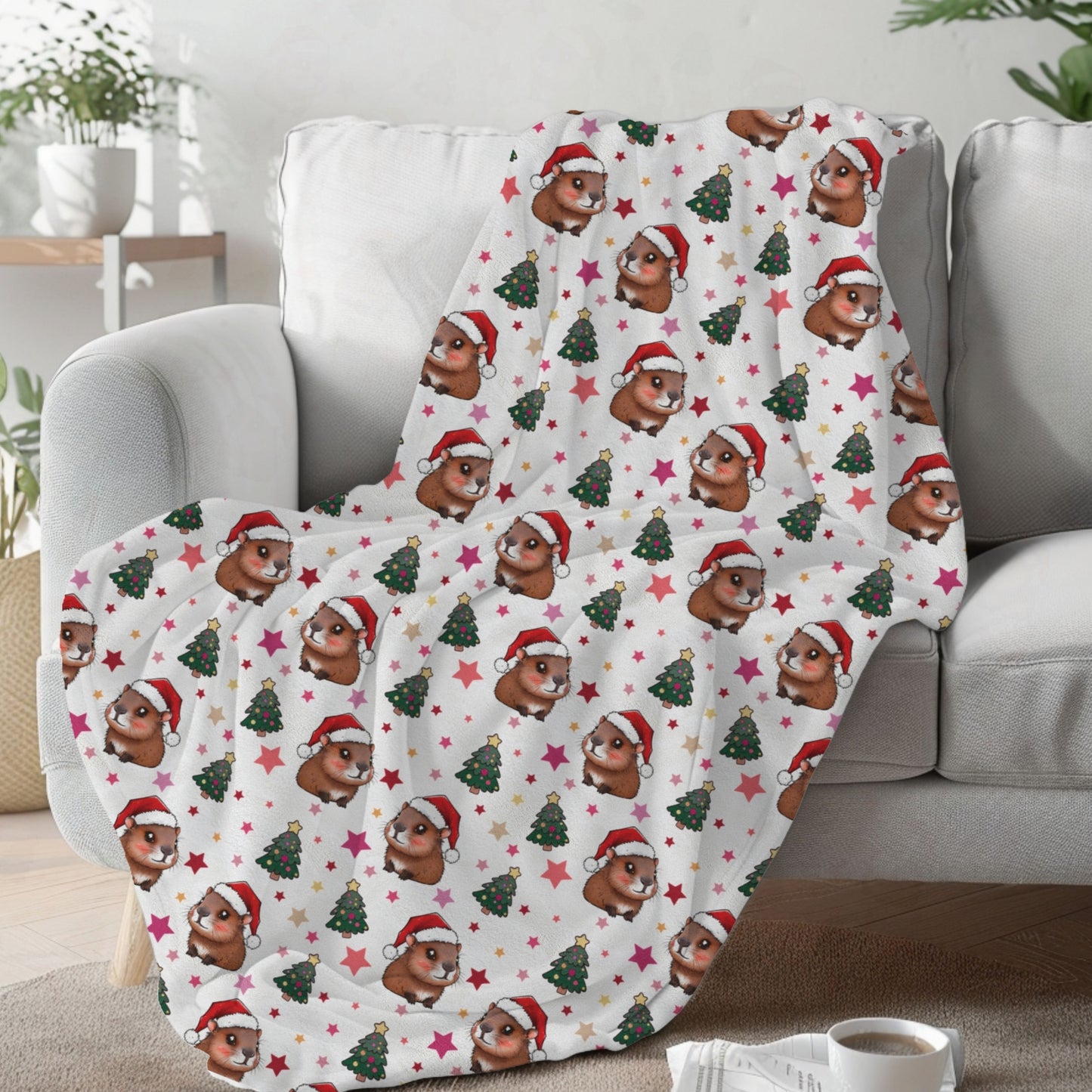 Cute Christmas Capybaras Cozy Velveteen Plush Blanket