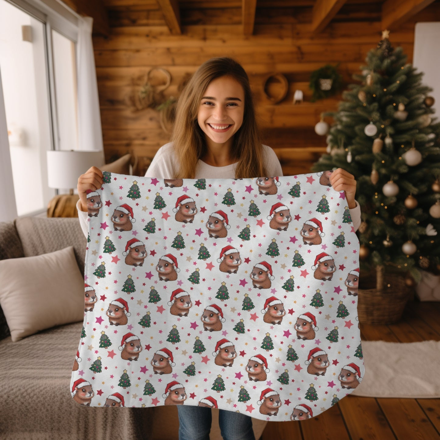 Cute Christmas Capybaras Cozy Velveteen Plush Blanket