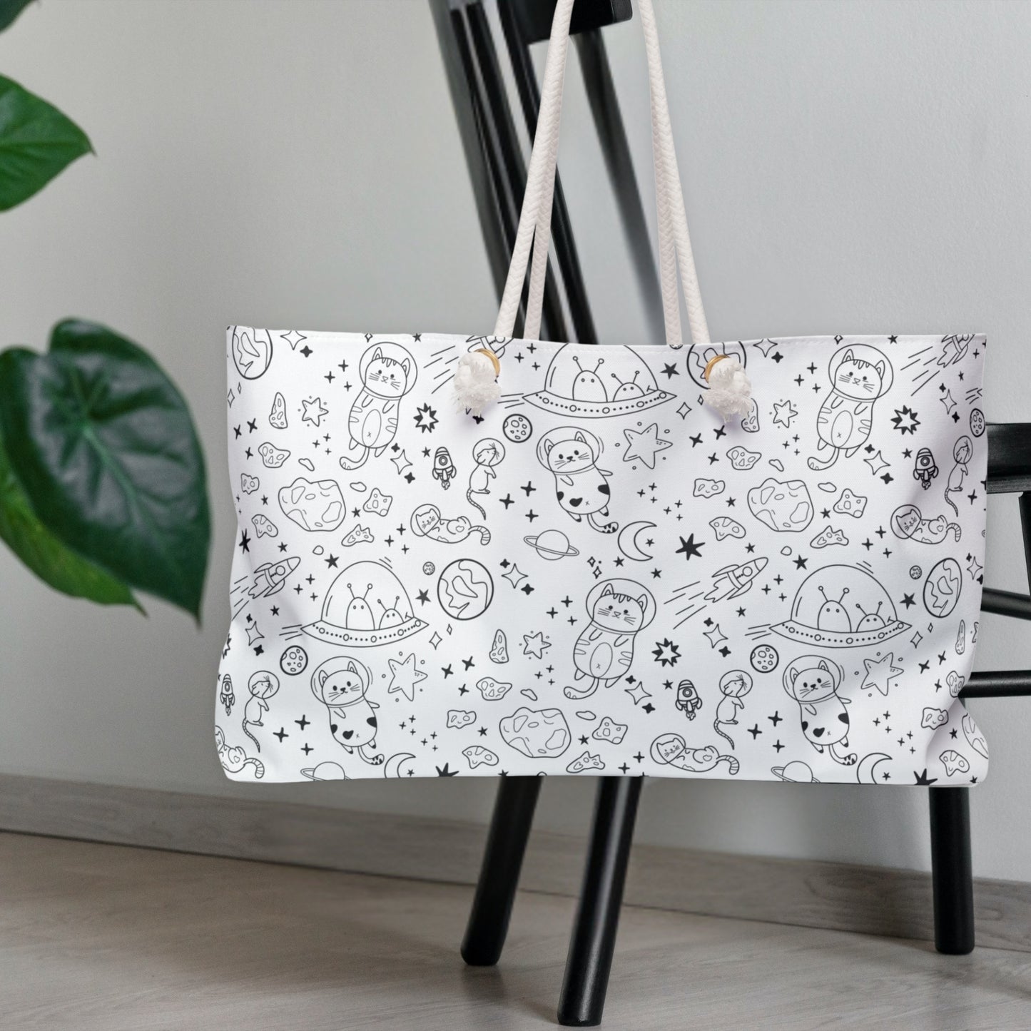 Cute Space-Themed Weekender Bag with Doodle Cat Astronauts