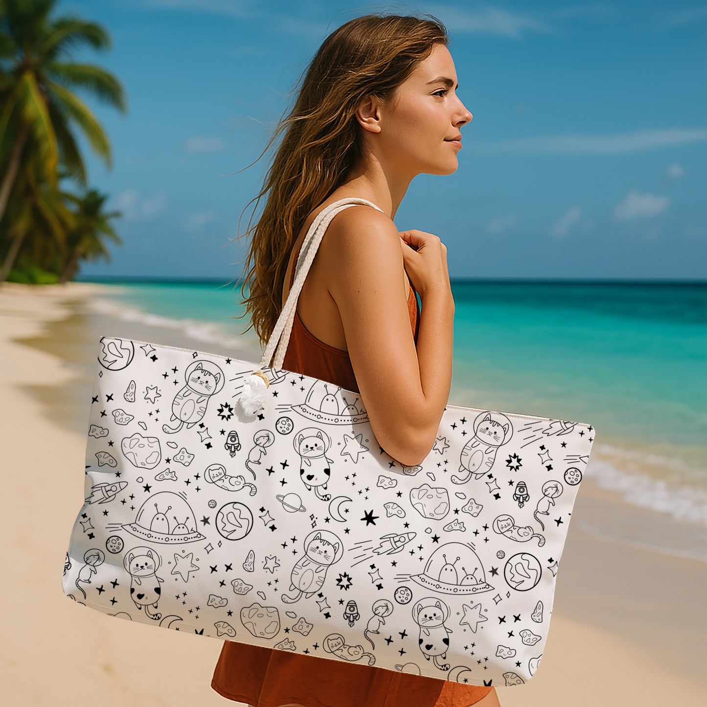 Cute Space-Themed Weekender Bag with Doodle Cat Astronauts