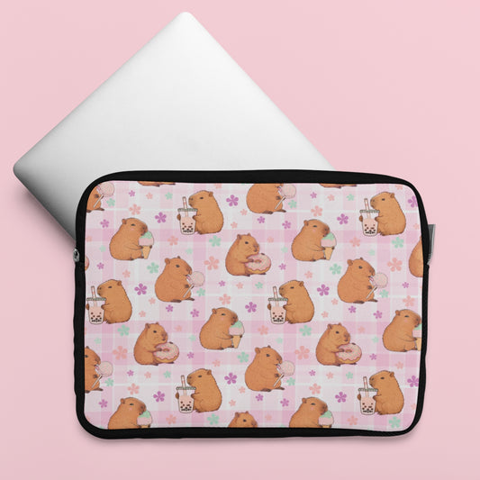 Cute Sweets Loving Capybara Plaid Pattern Laptop or Tablet Sleeve