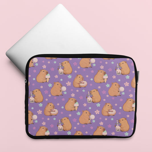 Cute Sweets Loving Capybara Purple Laptop Sleeve