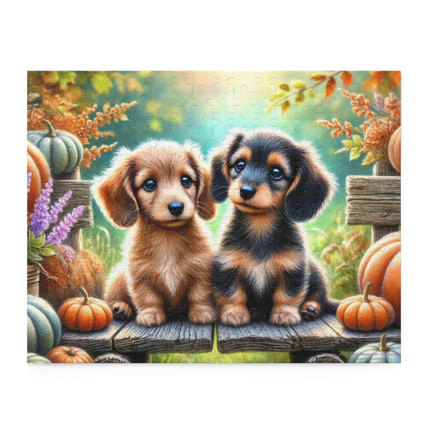 Dachshund Puppy Wiener Dogs on Fall Bench Halloween Puzzle (120, 252, 500-Pieces) 14" × 11" (252 pcs)