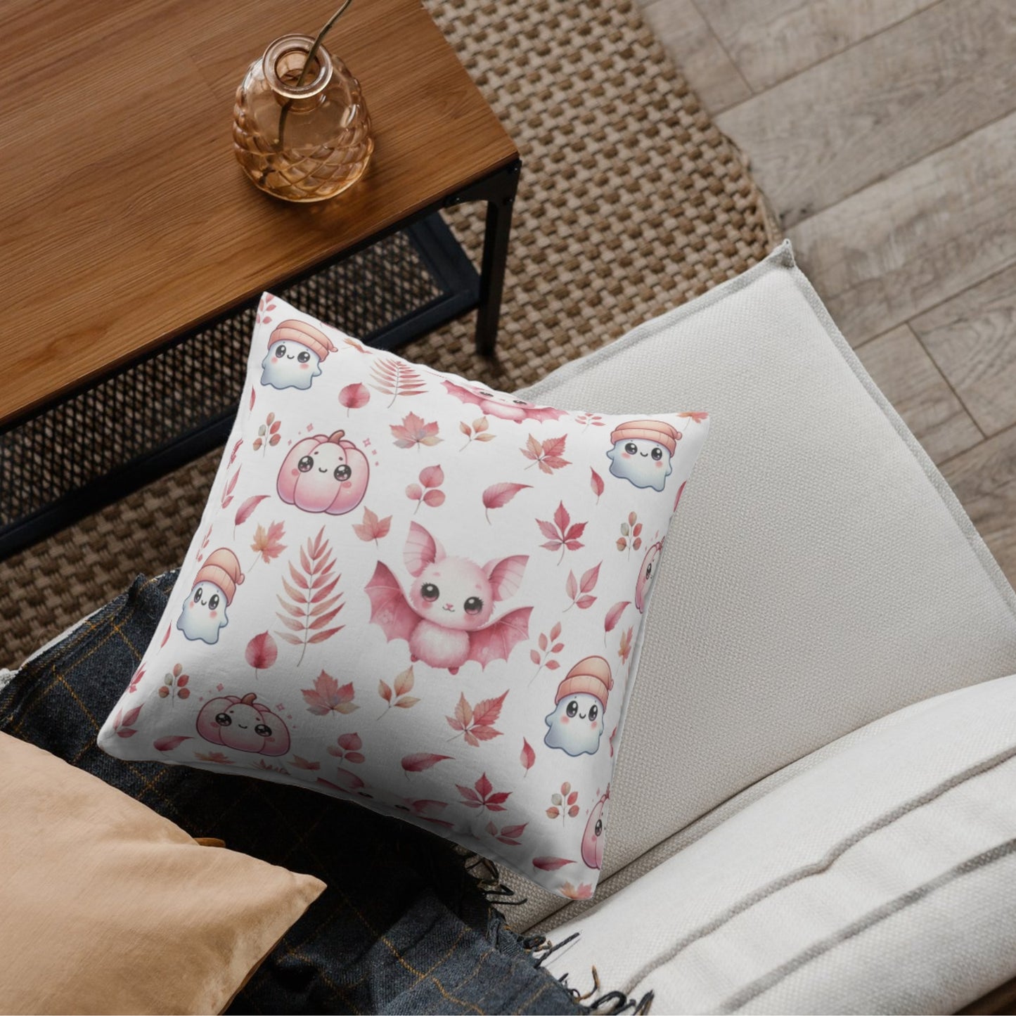 Pink Halloween Pattern Faux Suede Square Pillow with cute Kawaii Ghosts, Bats & Pumpkins