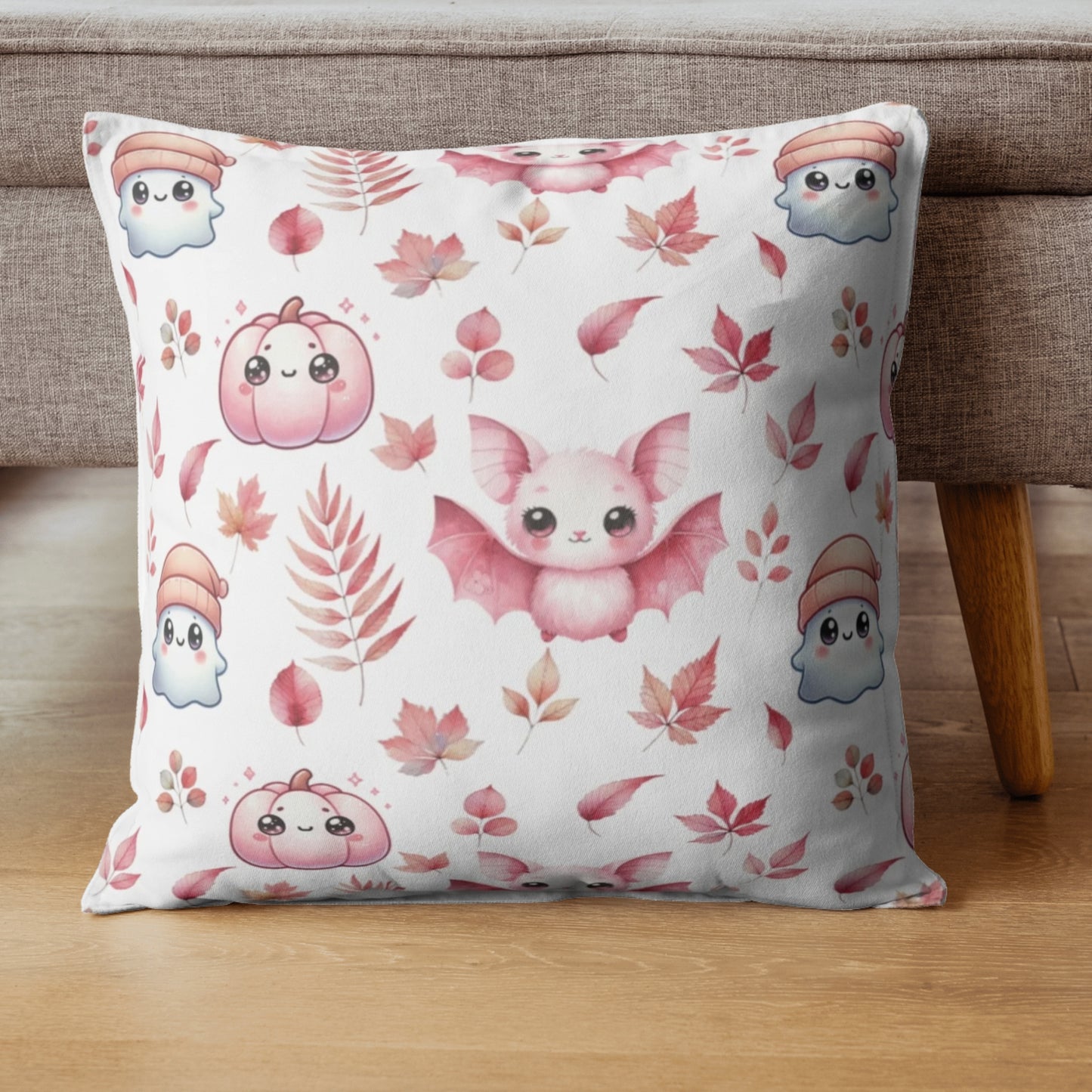Pink Halloween Pattern Faux Suede Square Pillow with cute Kawaii Ghosts, Bats & Pumpkins