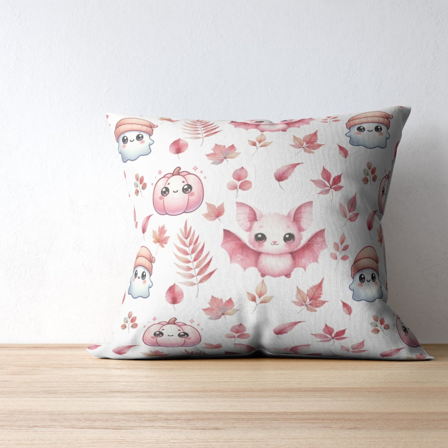 Pink Halloween Pattern Faux Suede Square Pillow with cute Kawaii Ghosts, Bats & Pumpkins