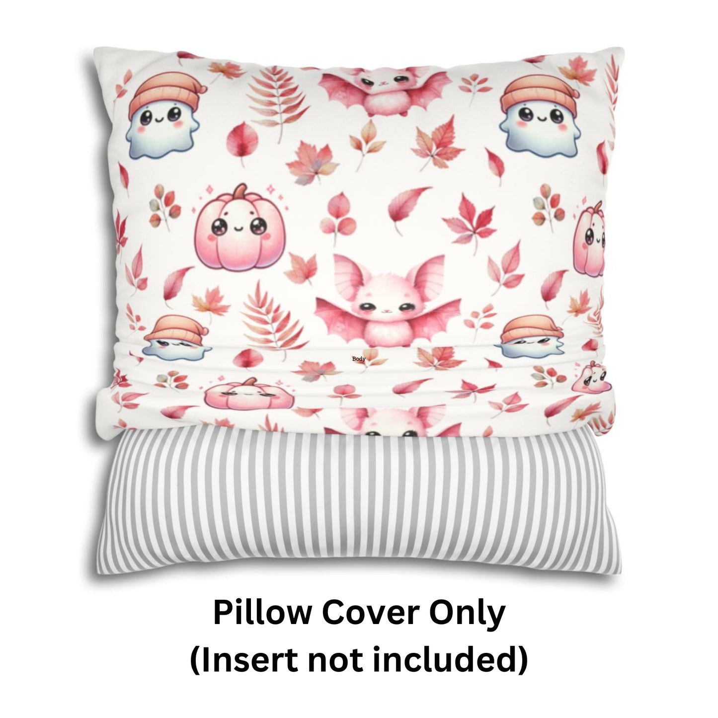 Pink Halloween Pattern Faux Suede Square Pillow with cute Kawaii Ghosts, Bats & Pumpkins