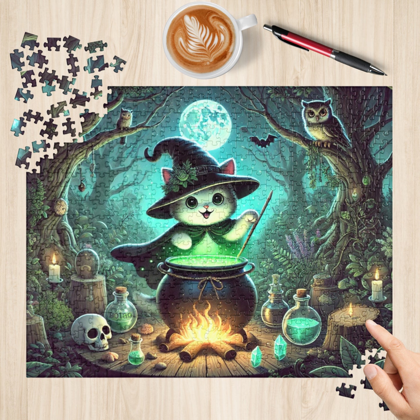 Halloween Witch Kitten Brews Potion Jigsaw Puzzle (120, 252, 500-Pieces)