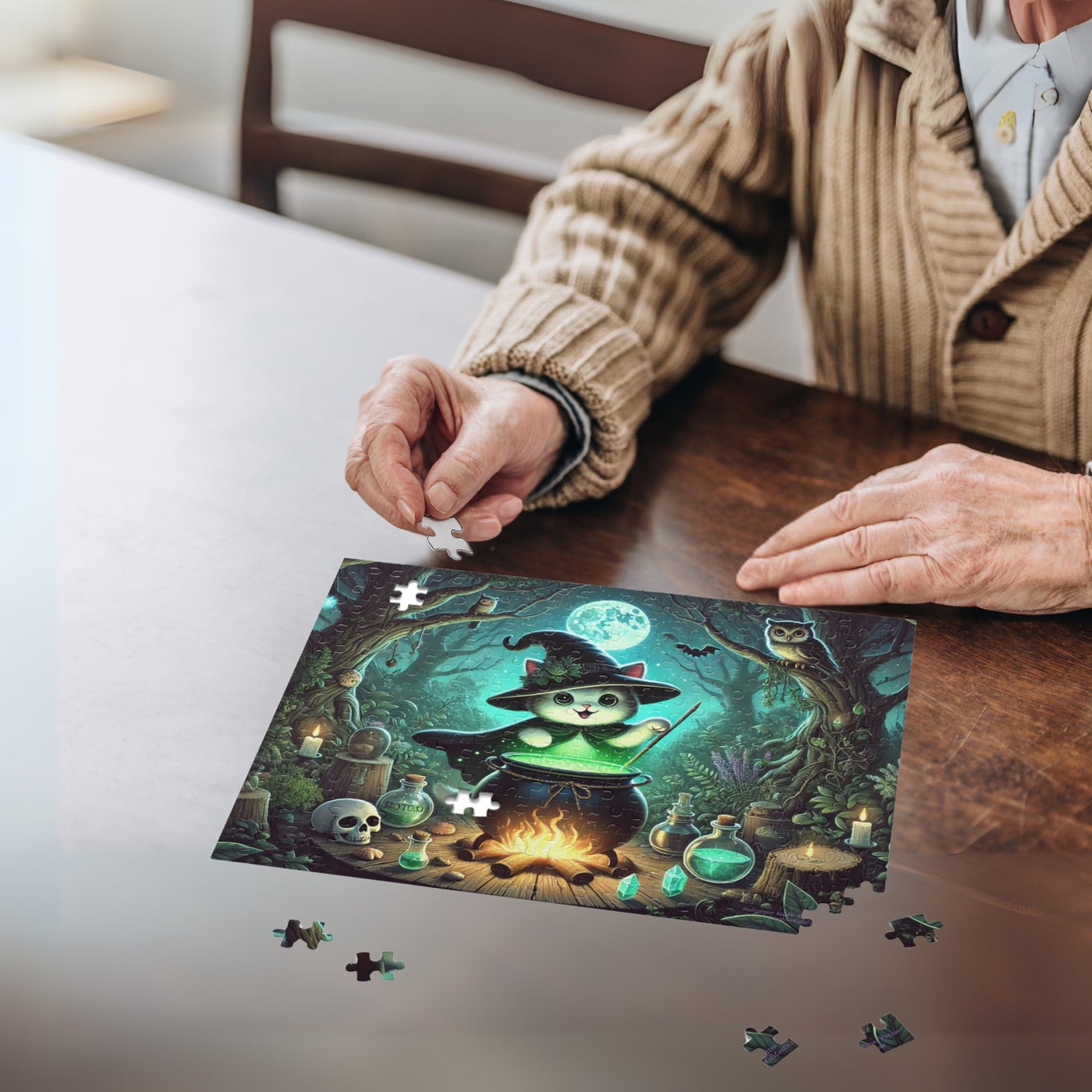 Halloween Witch Kitten Brews Potion Jigsaw Puzzle (120, 252, 500-Pieces)