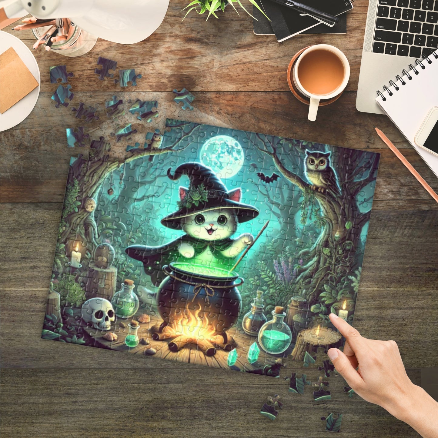 Halloween Witch Kitten Brews Potion Jigsaw Puzzle (120, 252, 500-Pieces)