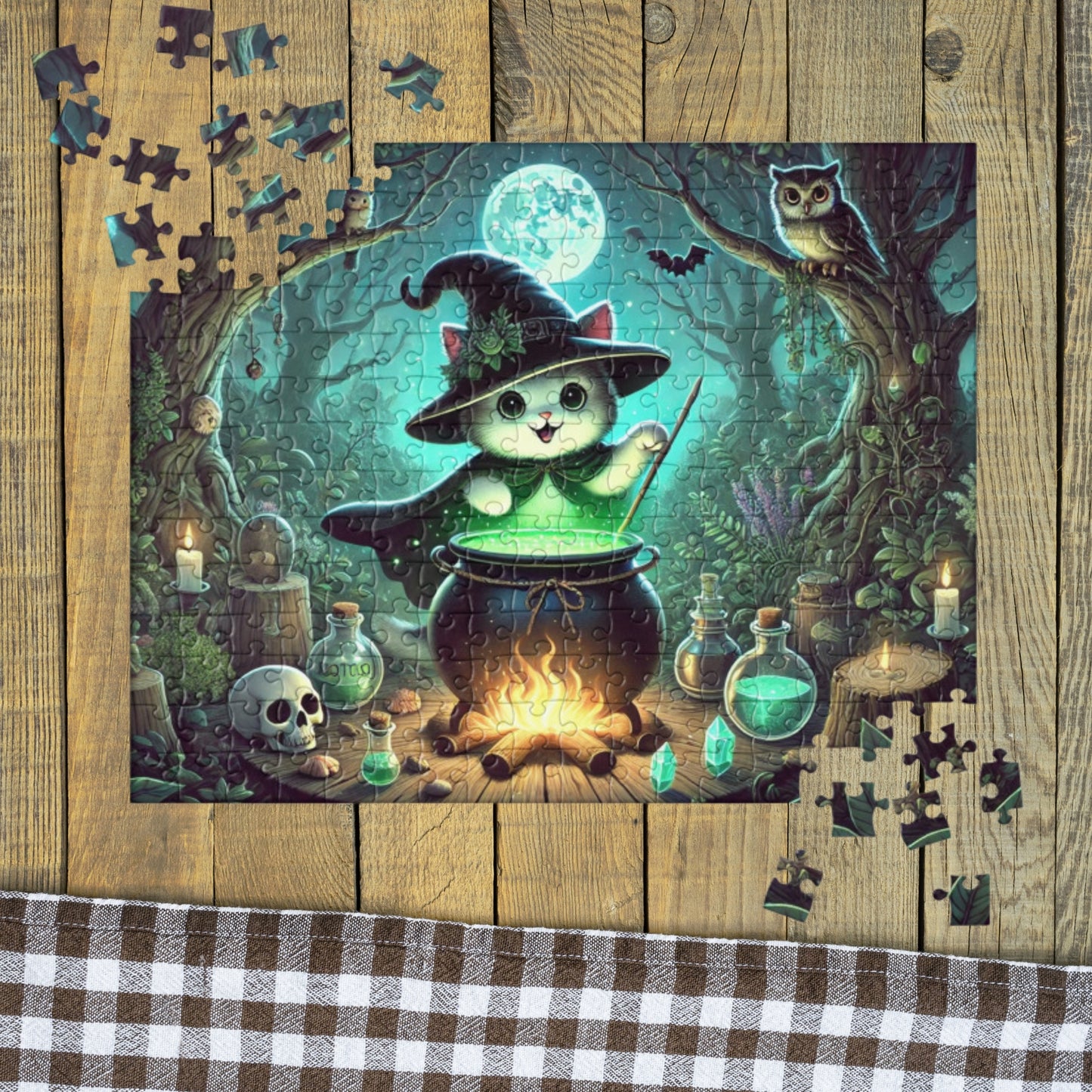 Halloween Witch Kitten Brews Potion Jigsaw Puzzle (120, 252, 500-Pieces)