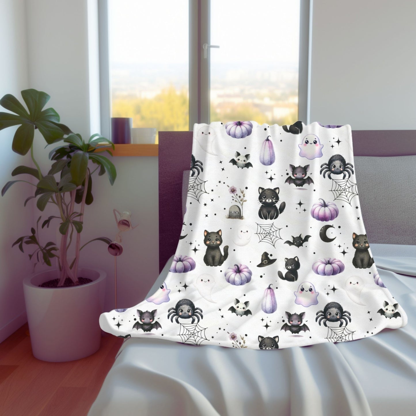 Cute Halloween Black Cats, Ghosts, Bats and Spider Kawaii Pattern Cozy Velveteen Plush Blanket