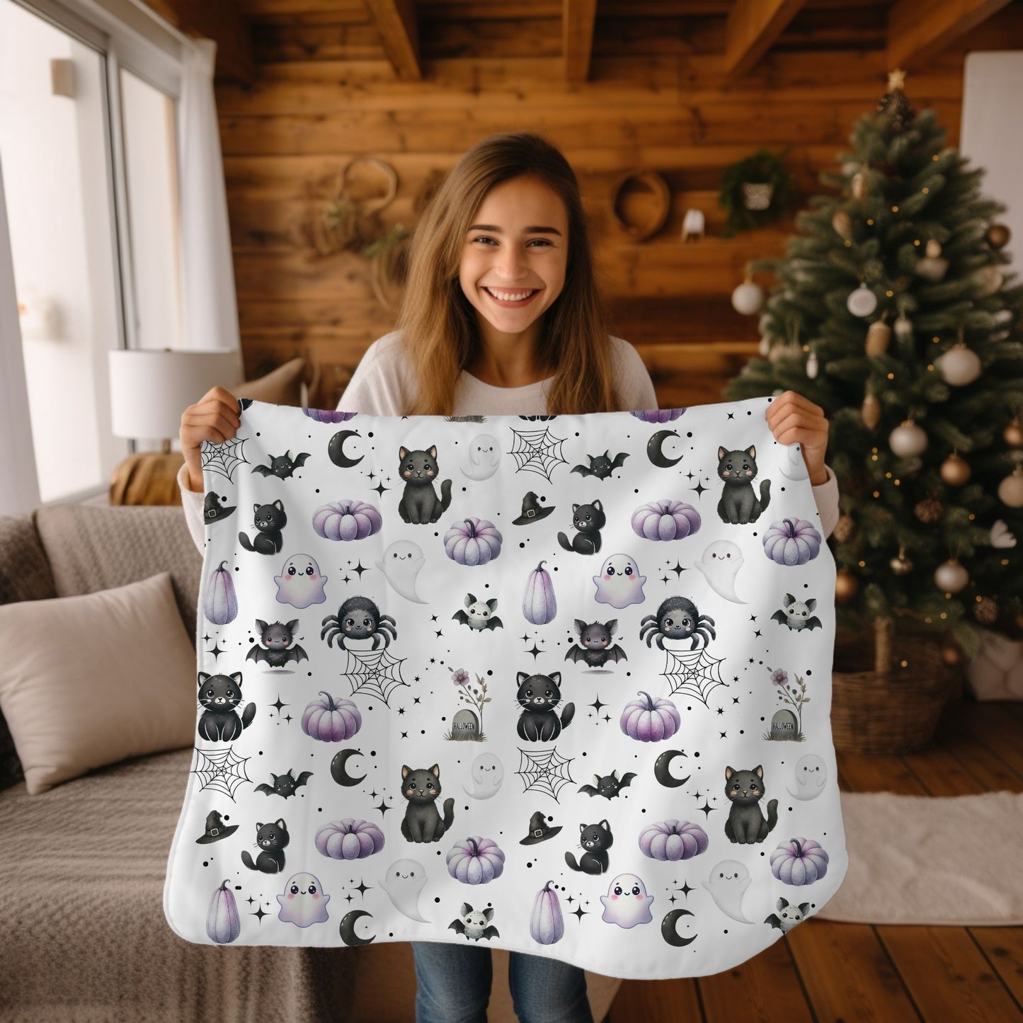 Cute Halloween Black Cats, Ghosts, Bats and Spider Kawaii Pattern Cozy Velveteen Plush Blanket