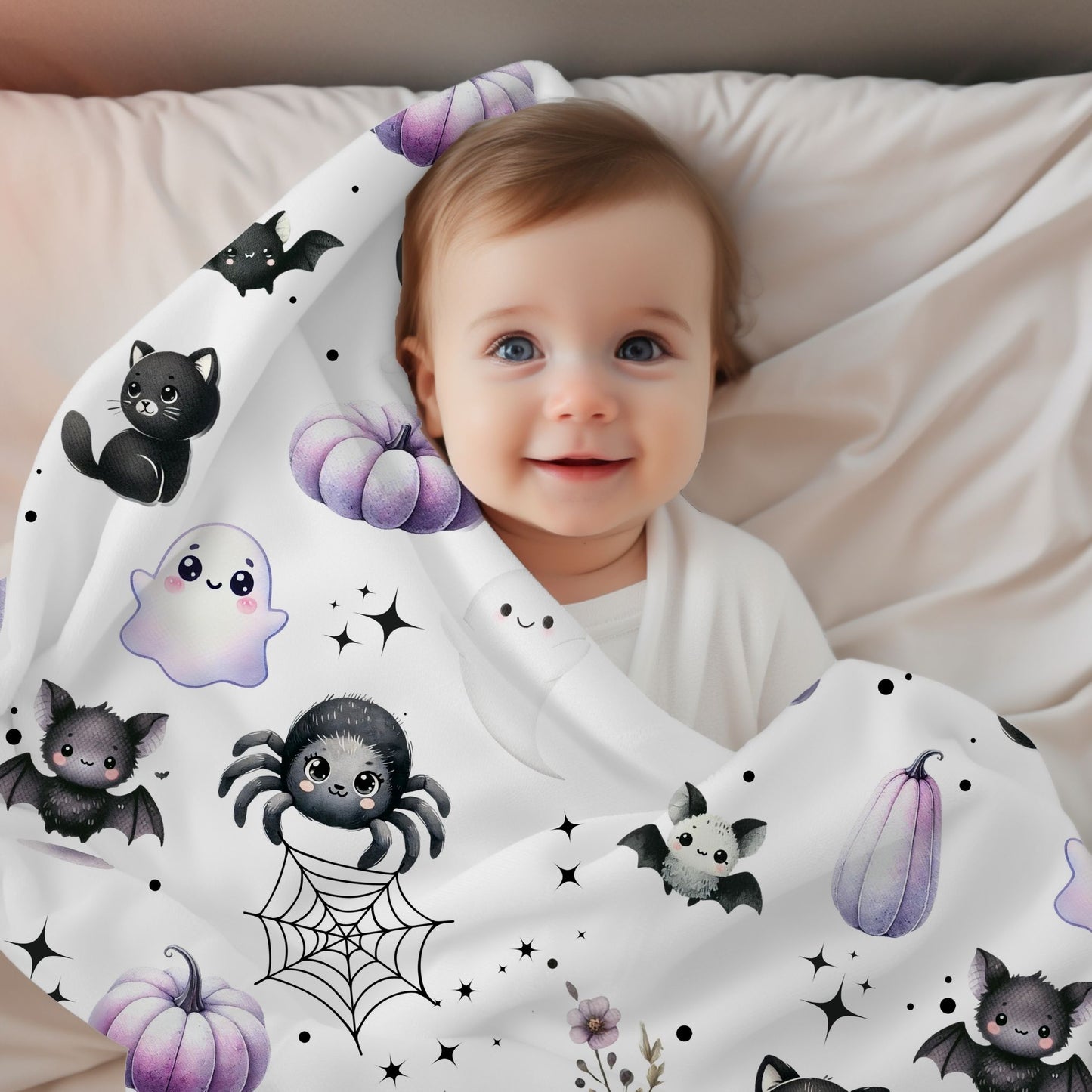 Cute Halloween Black Cats, Ghosts, Bats and Spider Kawaii Pattern Cozy Velveteen Plush Blanket