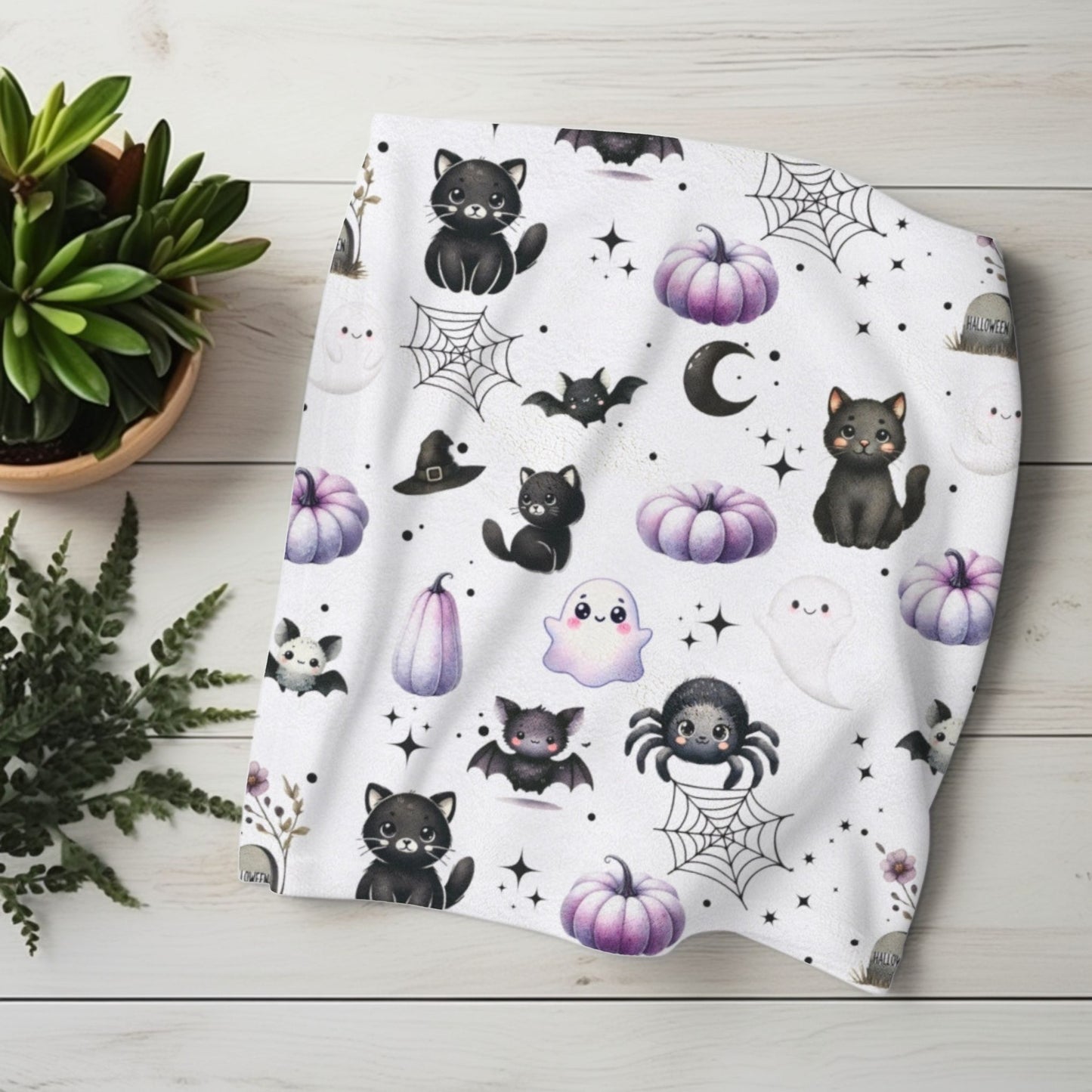 Cute Halloween Black Cats, Ghosts, Bats and Spider Kawaii Pattern Cozy Velveteen Plush Blanket