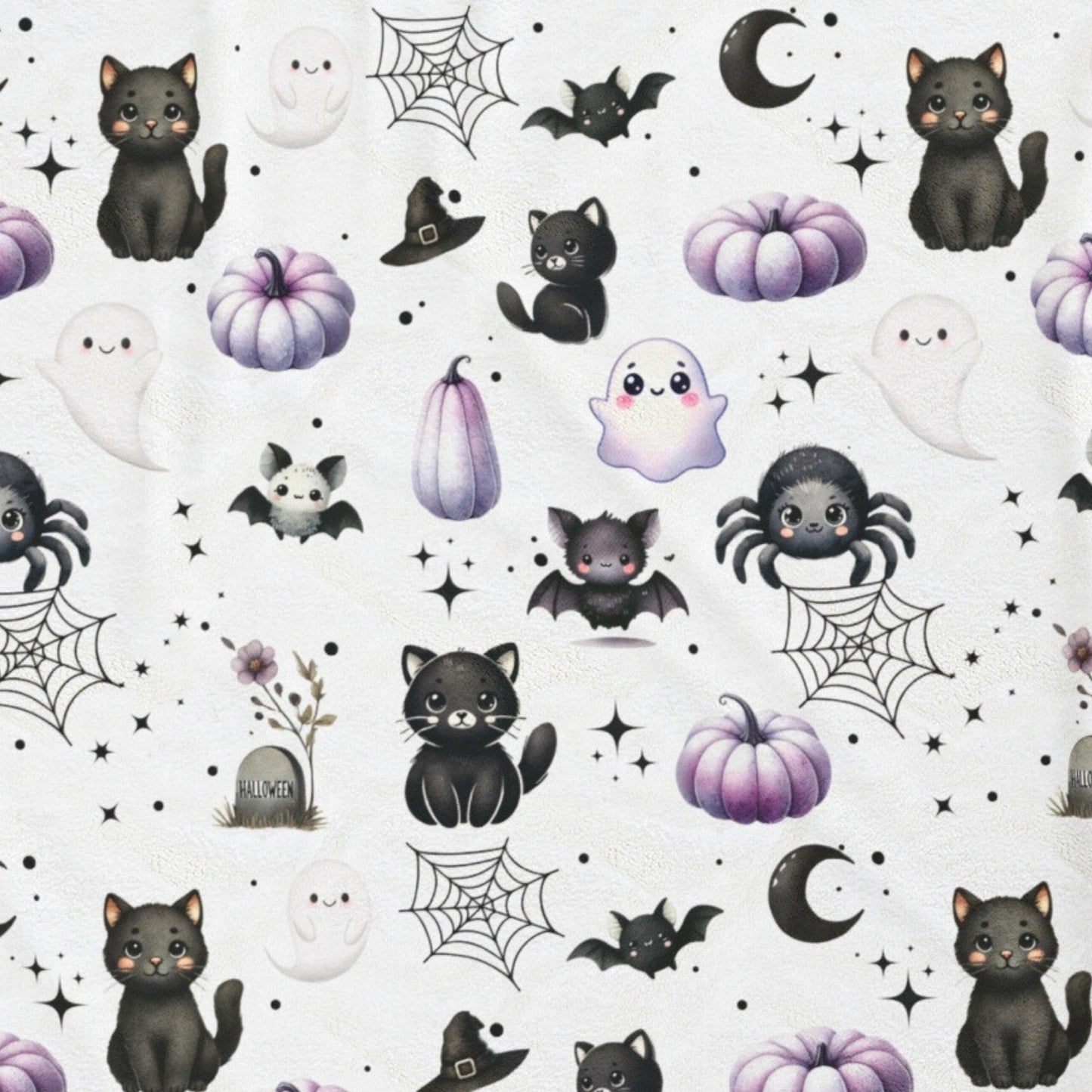Cute Halloween Black Cats, Ghosts, Bats and Spider Kawaii Pattern Cozy Velveteen Plush Blanket