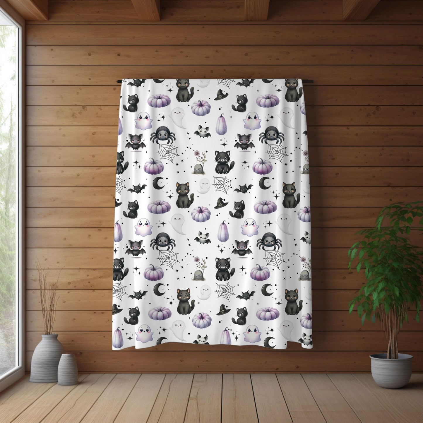 Cute Halloween Black Cats, Ghosts, Bats and Spider Kawaii Pattern Cozy Velveteen Plush Blanket