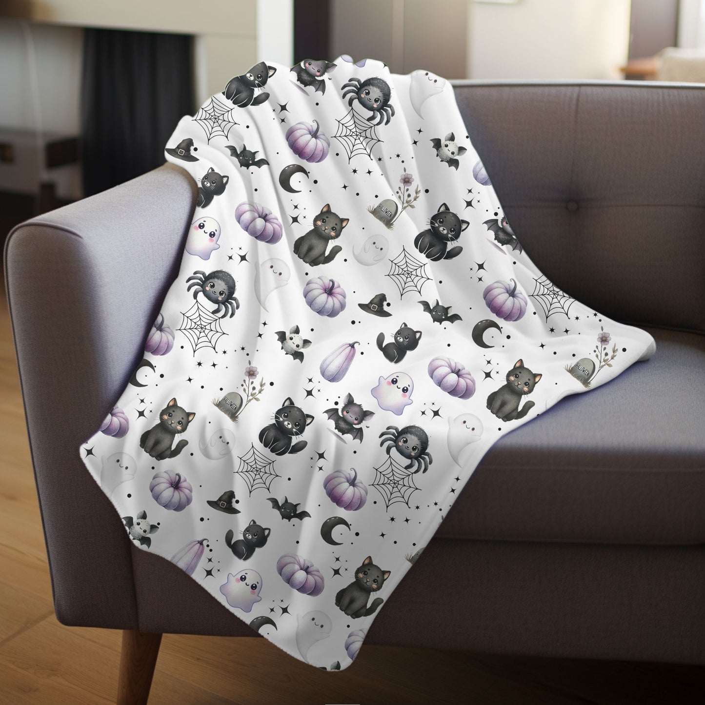 Cute Halloween Black Cats, Ghosts, Bats and Spider Kawaii Pattern Cozy Velveteen Plush Blanket