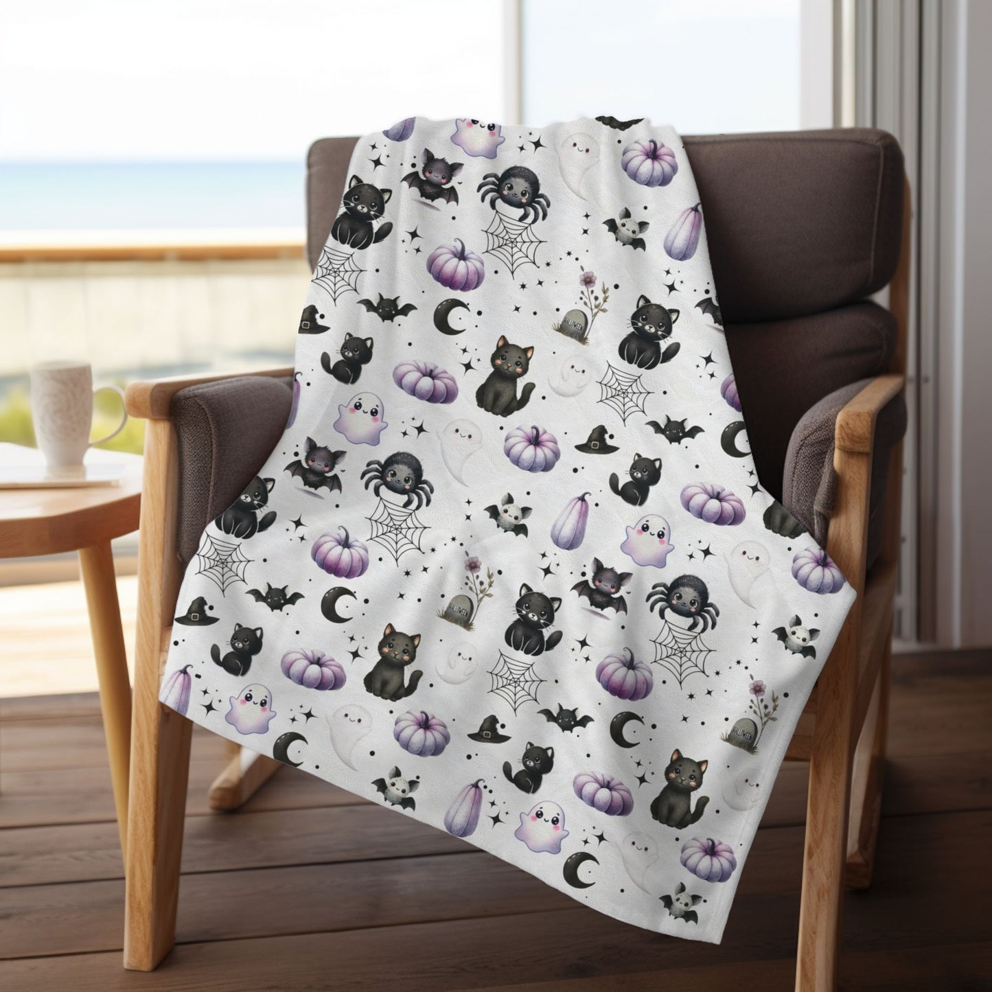 Cute Halloween Black Cats, Ghosts, Bats and Spider Kawaii Pattern Cozy Velveteen Plush Blanket