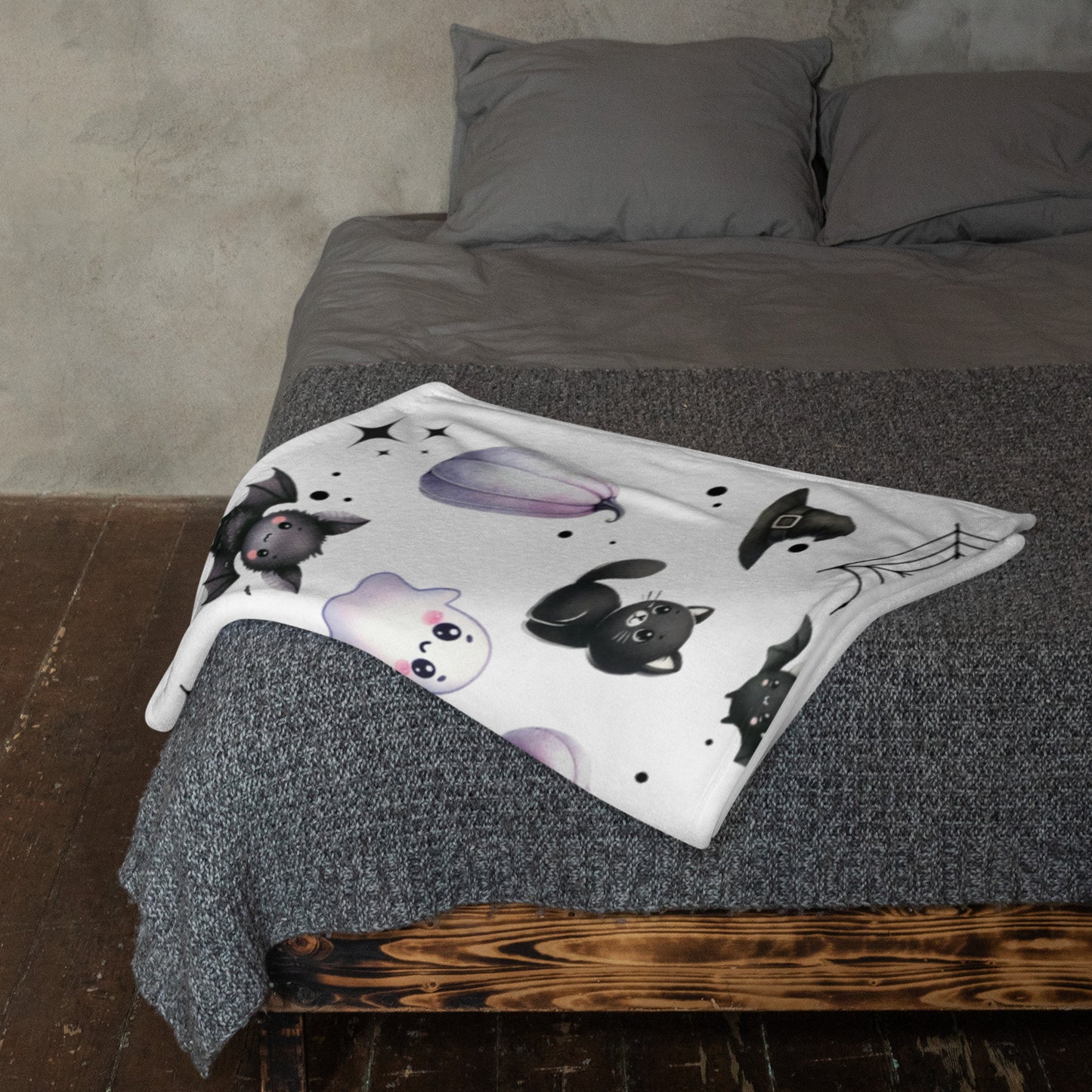 Cute Halloween Black Cats, Ghosts, Bats and Spider Kawaii Pattern Cozy Velveteen Plush Blanket