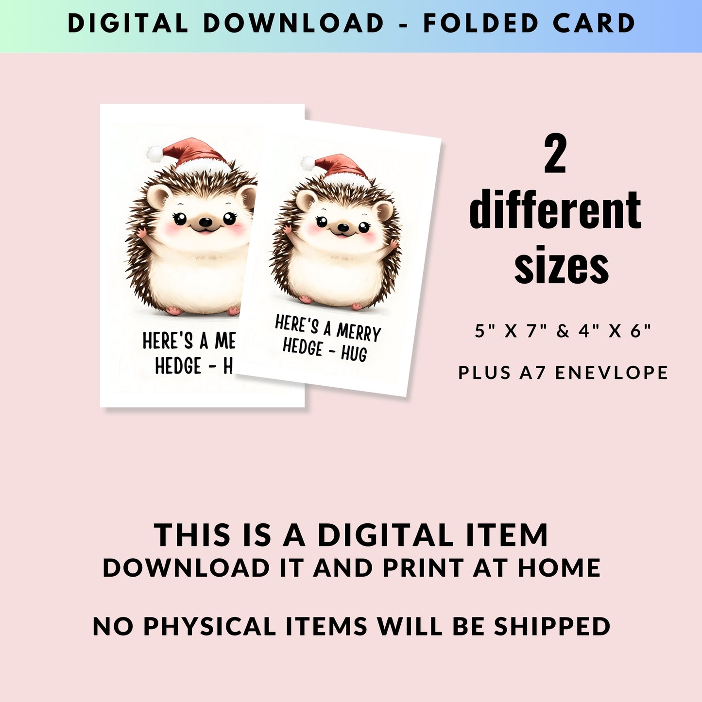 Cute Hedgehog Hug Folded Holiday Card - Digital Download - Print at Home