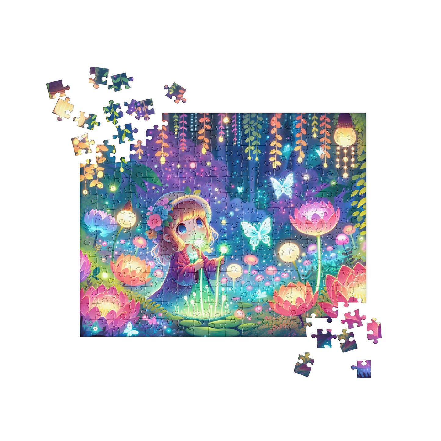 Kawaii Girl Exploring Glowing Flora and Butterflies Jigsaw Puzzle
