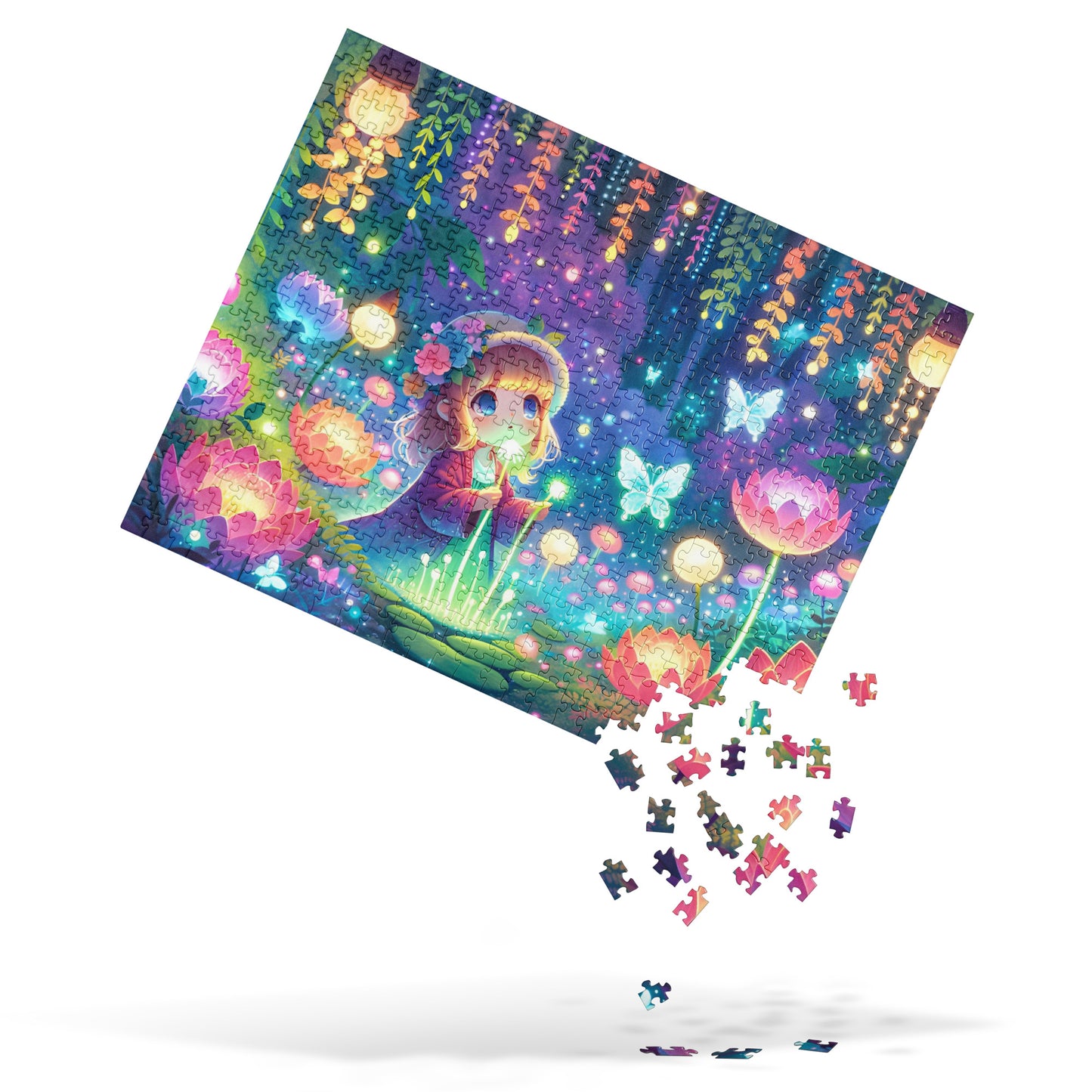 Kawaii Girl Exploring Glowing Flora and Butterflies Jigsaw Puzzle