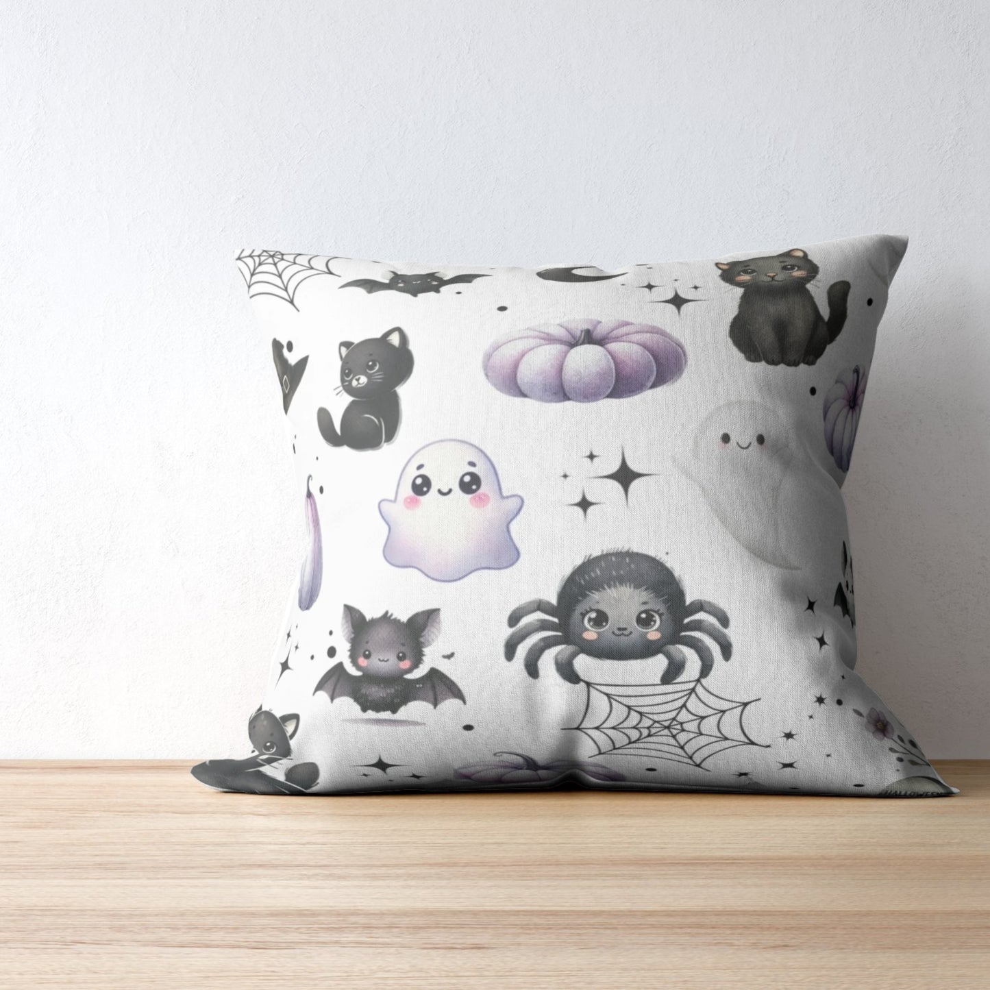 Black Halloween Pattern Faux Suede Square Pillow with black Kawaii Cats, Spider, Ghosts, Bats & Purple Pumpkins