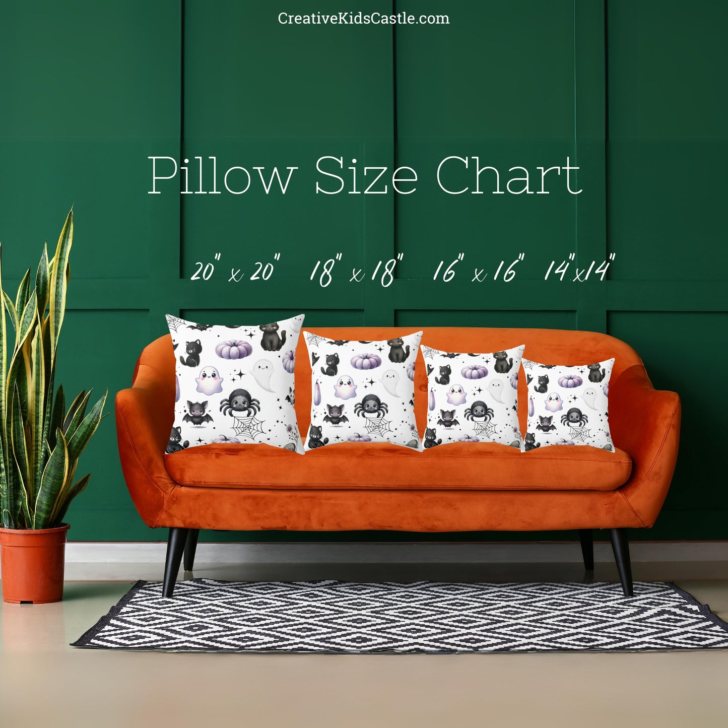 Black Halloween Pattern Faux Suede Square Pillow with black Kawaii Cats, Spider, Ghosts, Bats & Purple Pumpkins