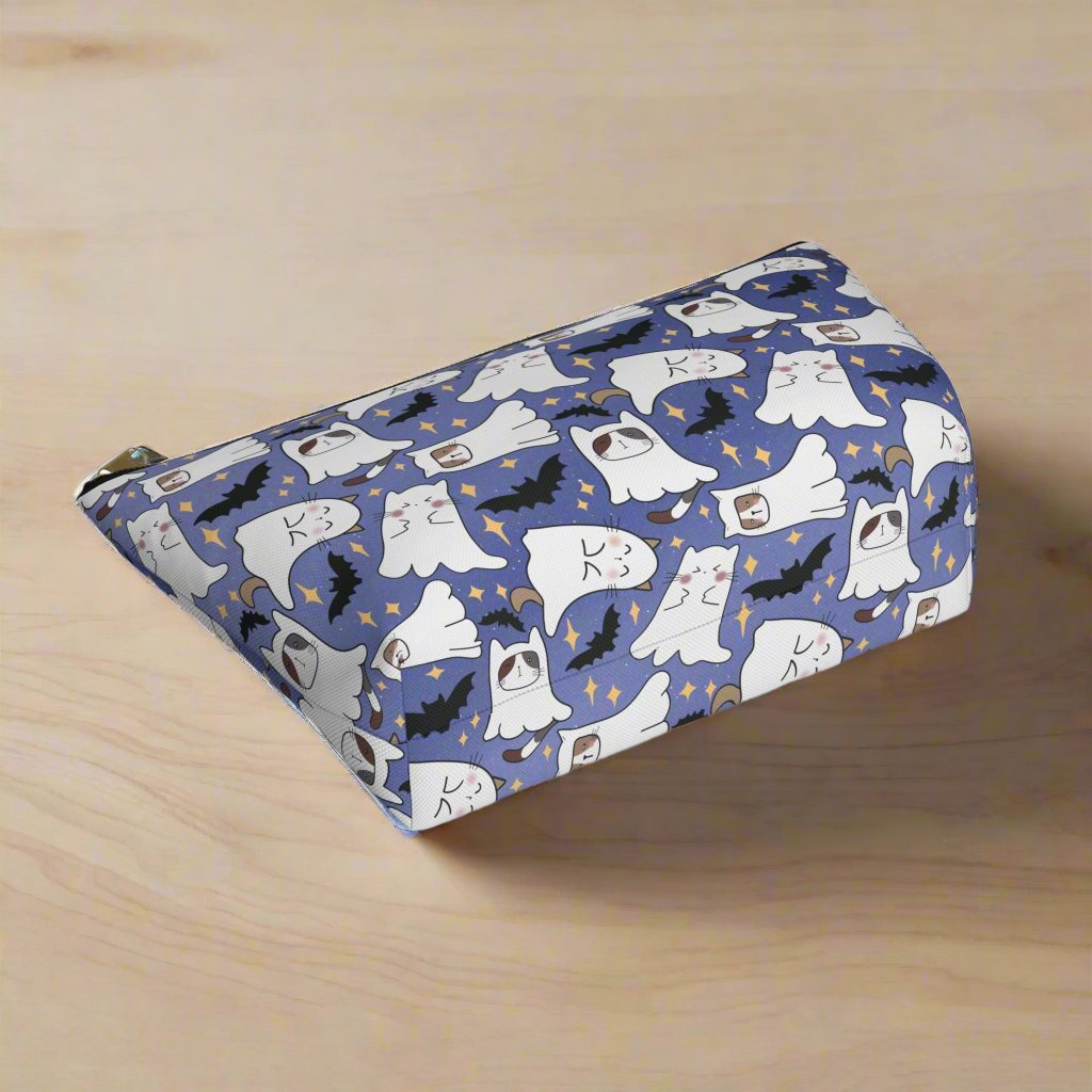 Large Blue Accessory Pouch with Cute Ghostly Kittens and Bats bottom view