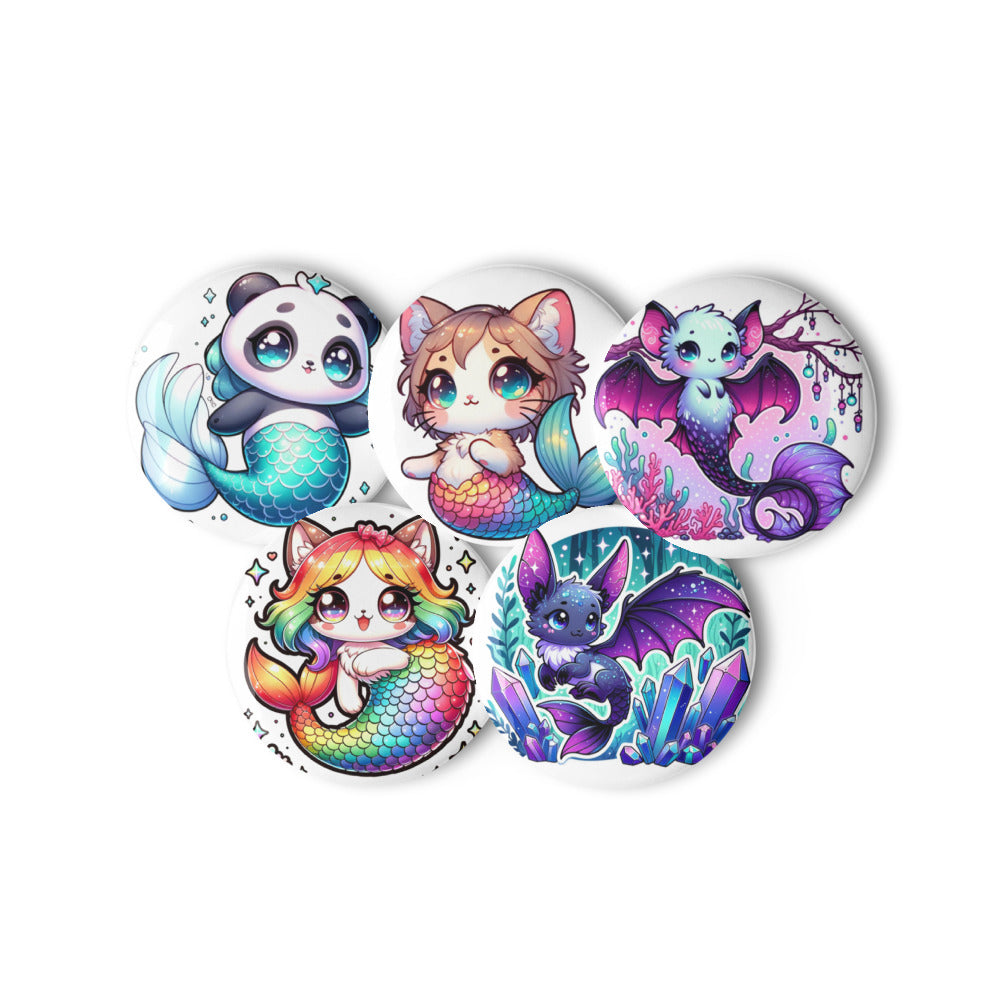 Set of 5 MerAnimals pin buttons