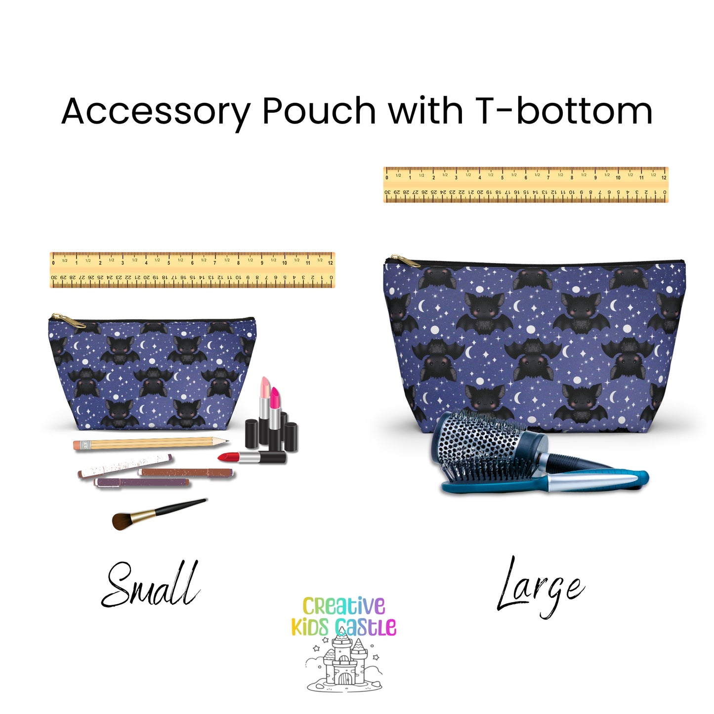 Midnight Blue Accessory Pouch with Cute Bats among Moons & Stars