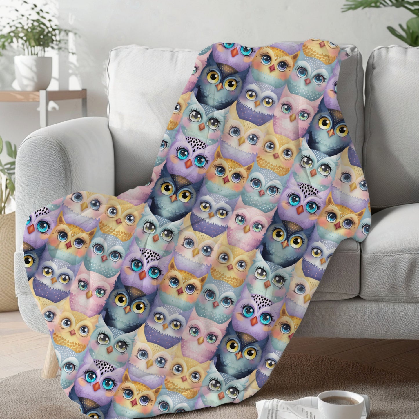 Pastel Parliament of Owls Cozy Velveteen Plush Blanket