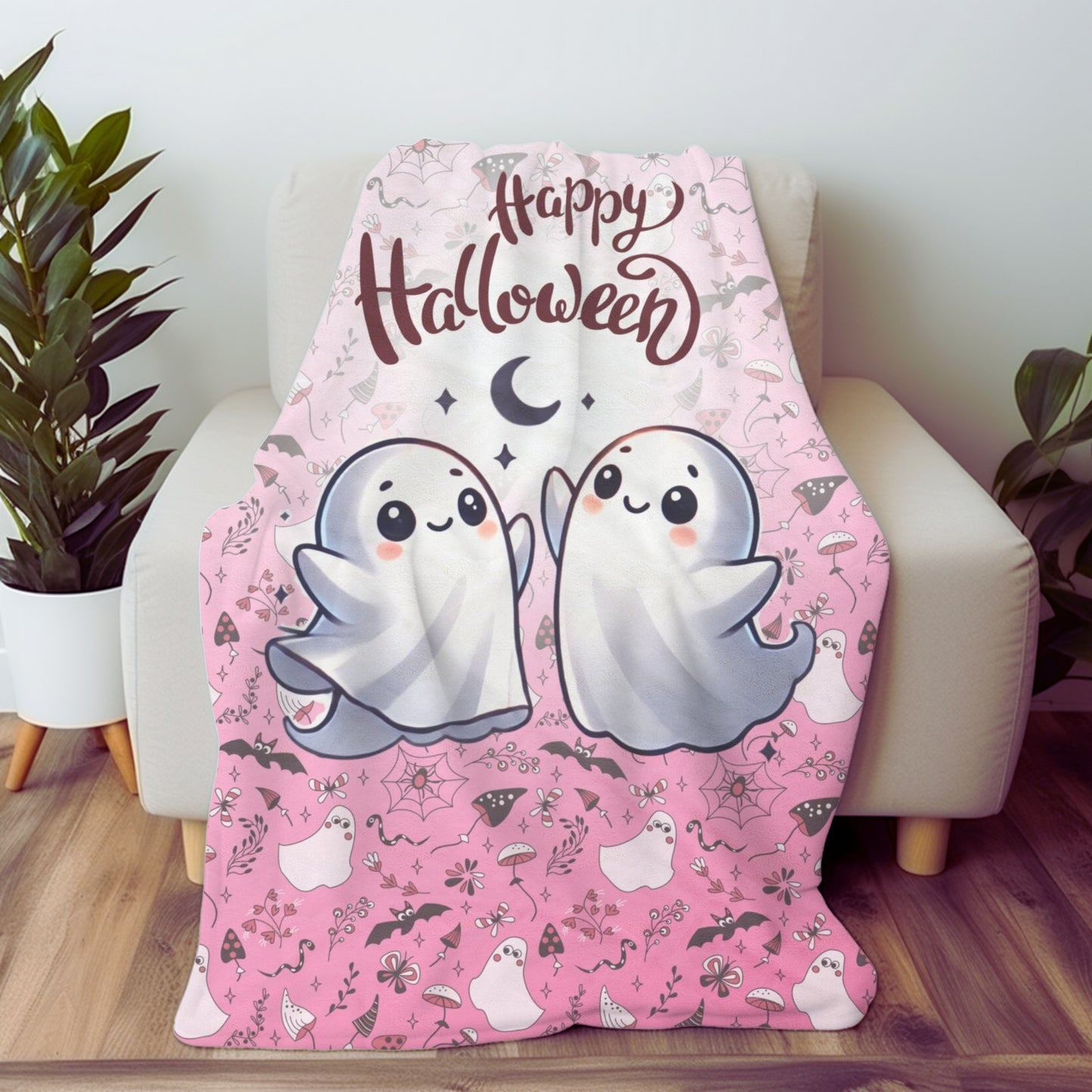 Dancing Cute Ghosts Pink Happy Halloween Cozy Velveteen Plush Blanket