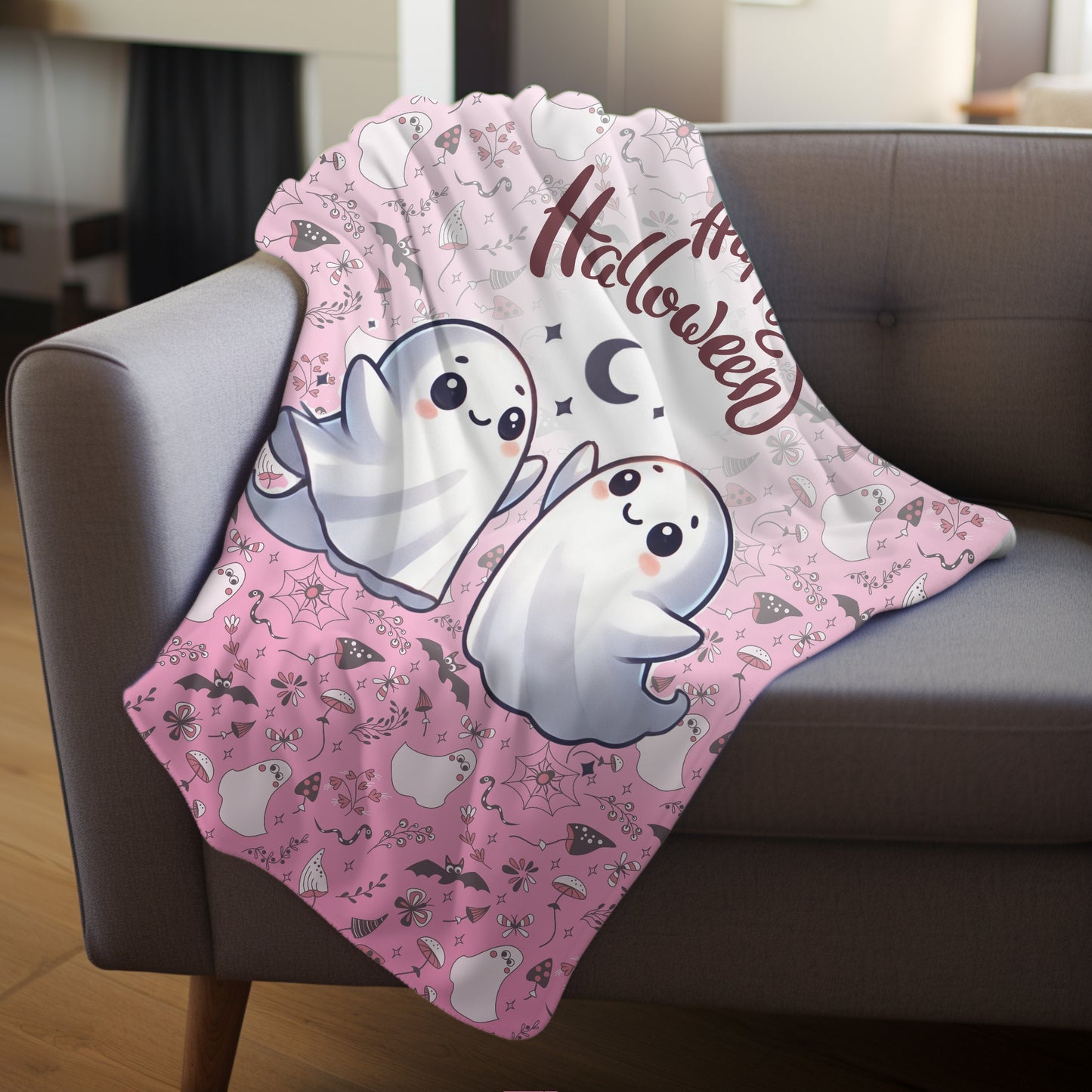 Dancing Cute Ghosts Pink Happy Halloween Cozy Velveteen Plush Blanket