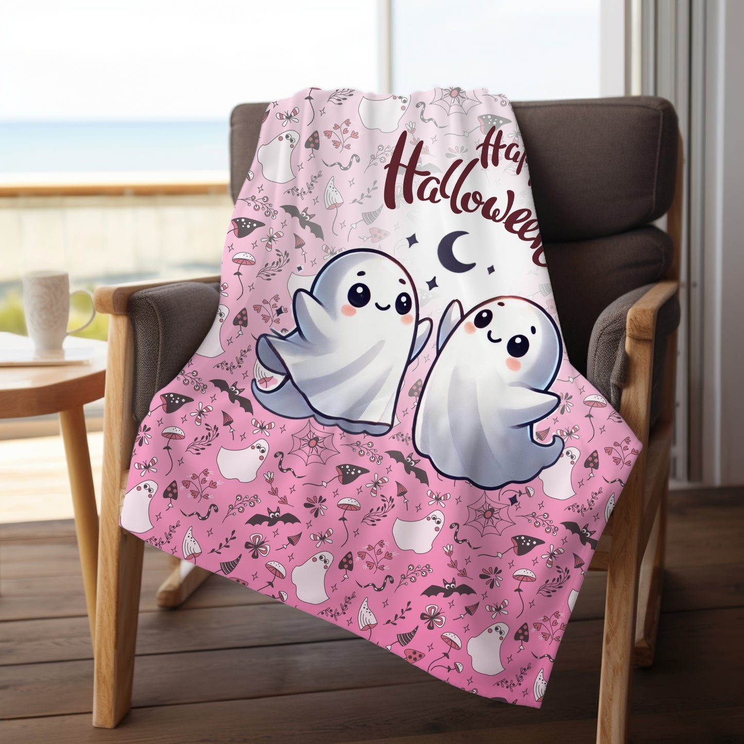 Dancing Cute Ghosts Pink Happy Halloween Cozy Velveteen Plush Blanket
