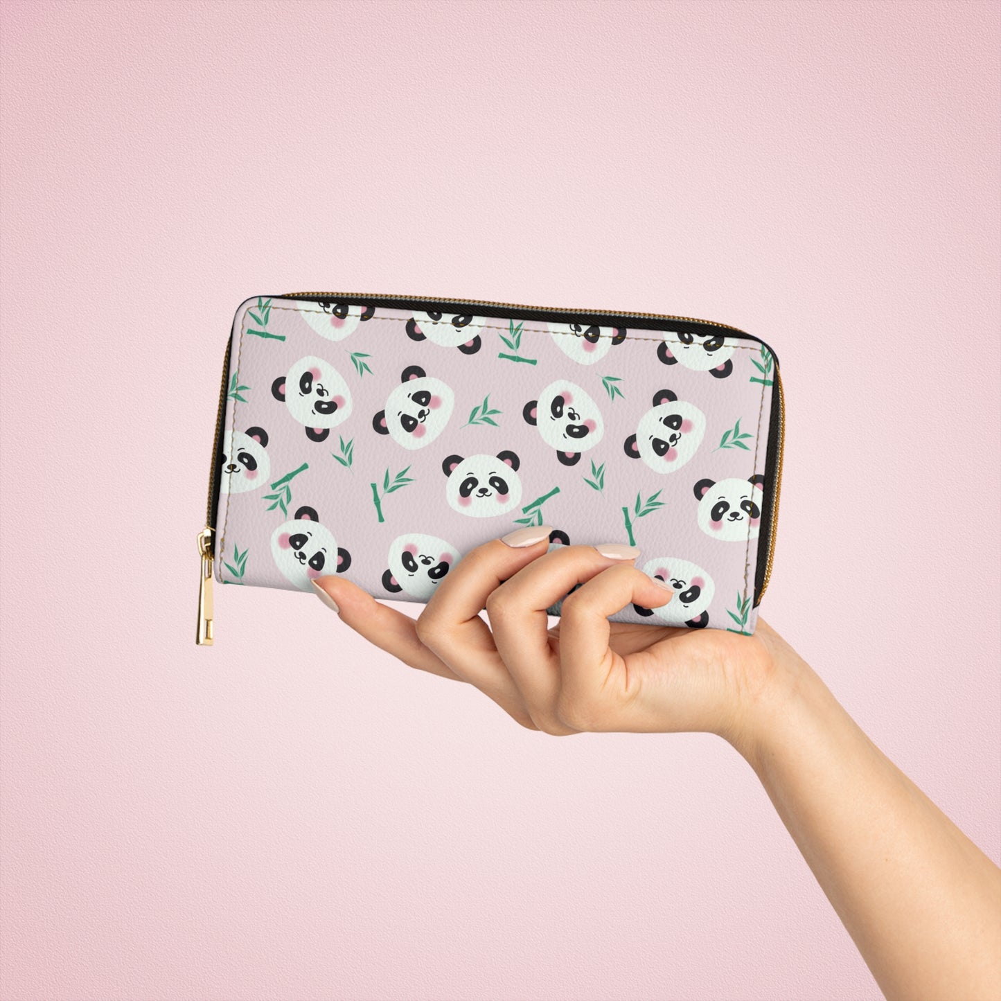 Pink Zipper Wallet with Cute Panda Faces and Bamboo sprouts
