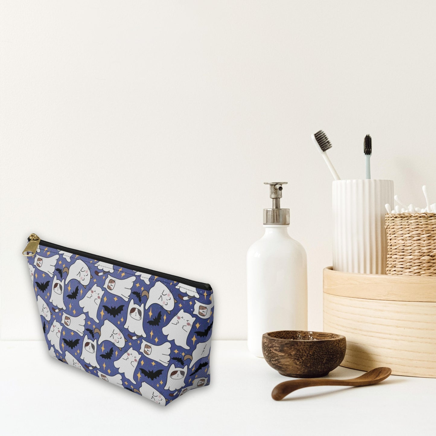 Blue Accessory Pouch with Cute Ghostly Kittens and Bats