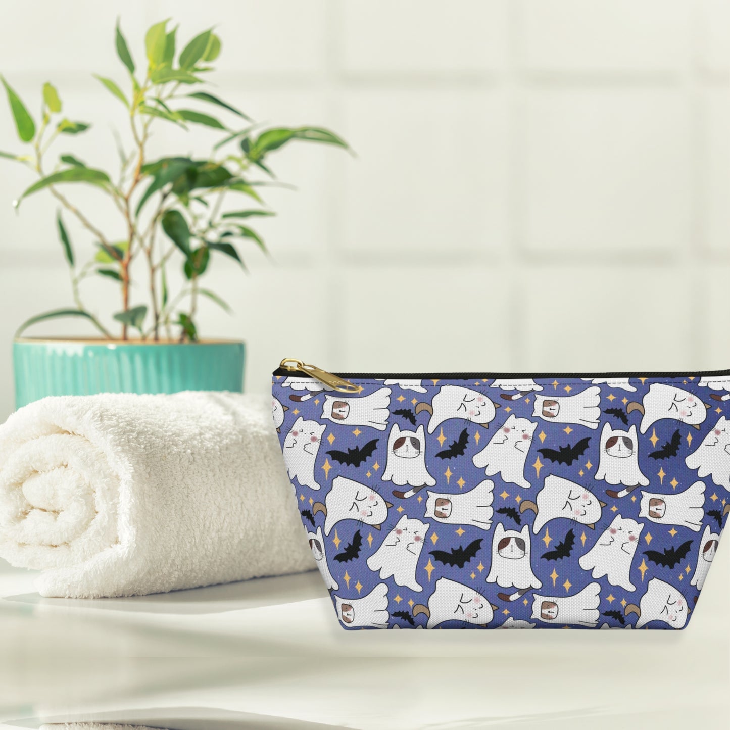 Blue Accessory Pouch with Cute Ghostly Kittens and Bats