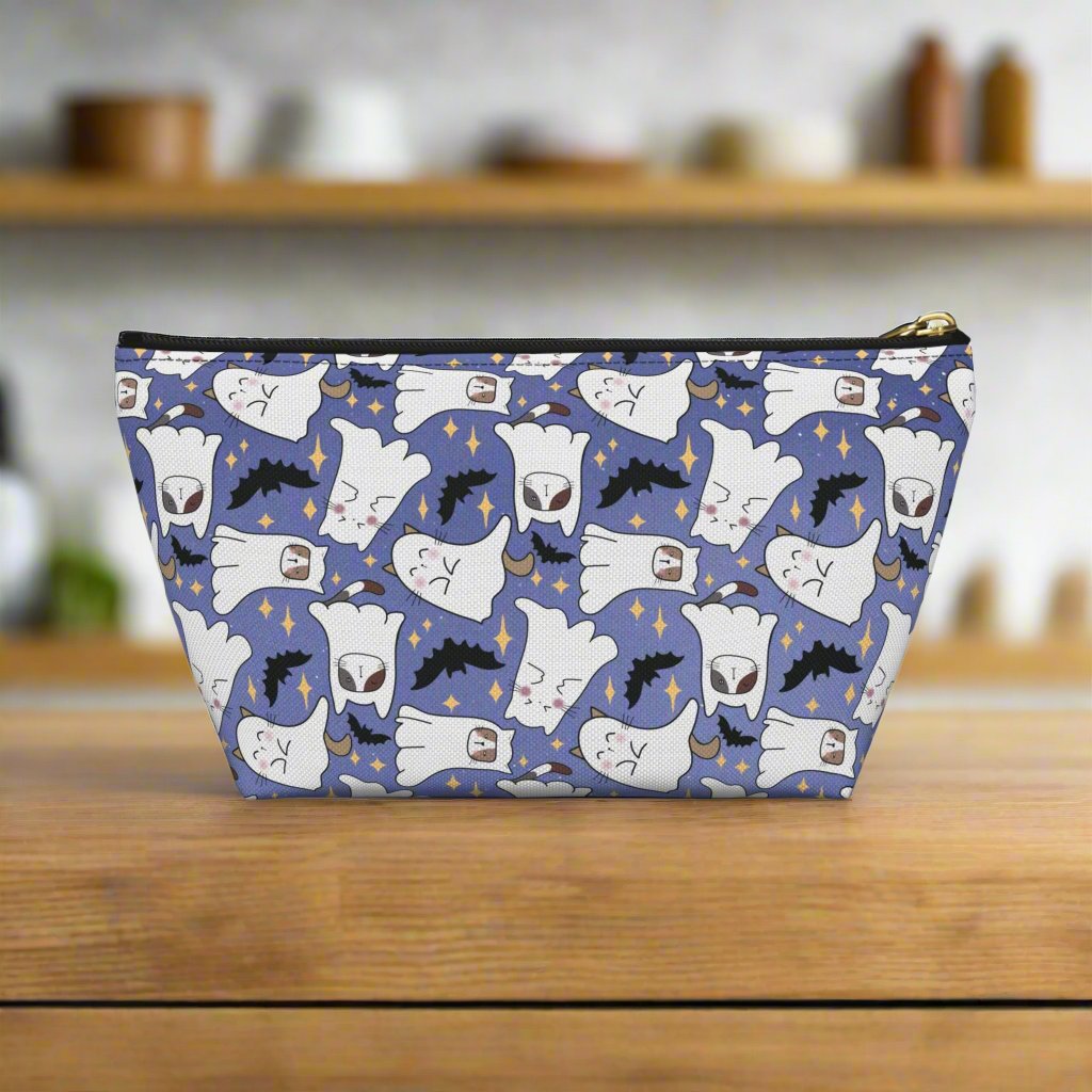 small Blue Accessory Pouch with Cute Ghostly Kittens and Bats backside