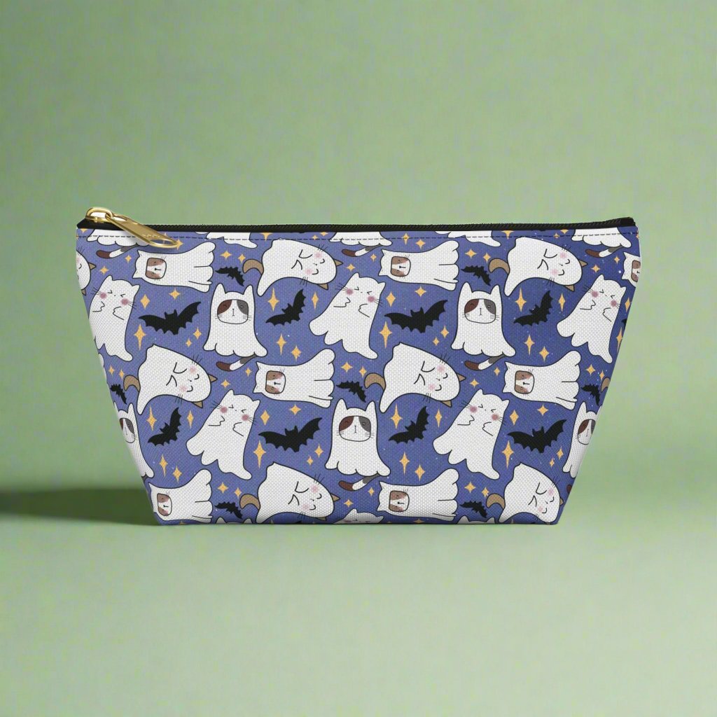 Small Blue Accessory Pouch with Cute Ghostly Kittens and Bats front side