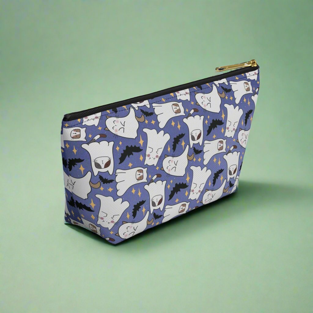 small Blue Accessory Pouch with Cute Ghostly Kittens and Bats