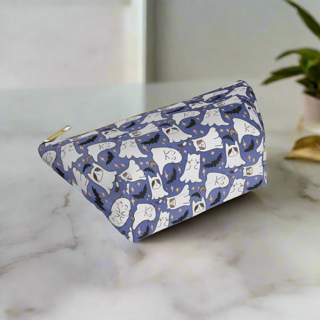 Small Blue Accessory Pouch with Cute Ghostly Kittens and Bats Bottom detail